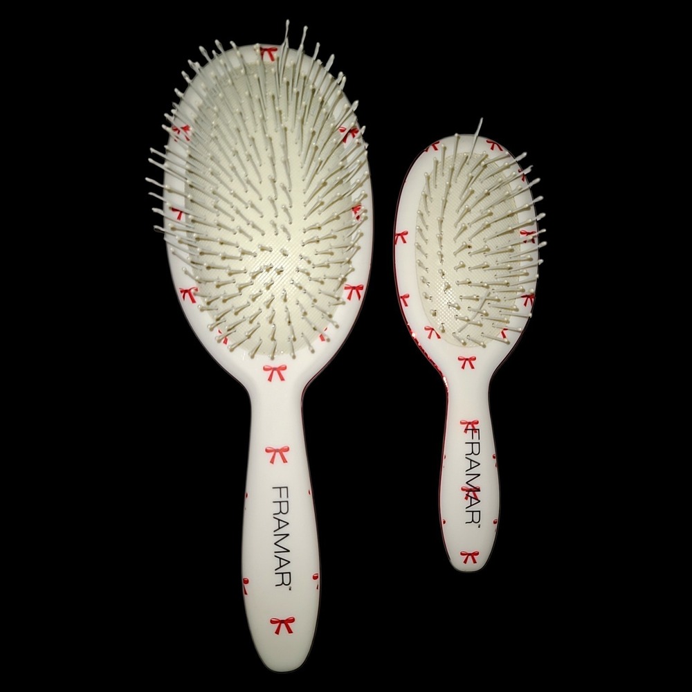 Framar Holiday Duo Detangle Brush Set Red Bow Cream Full Size Mini New (No Box)